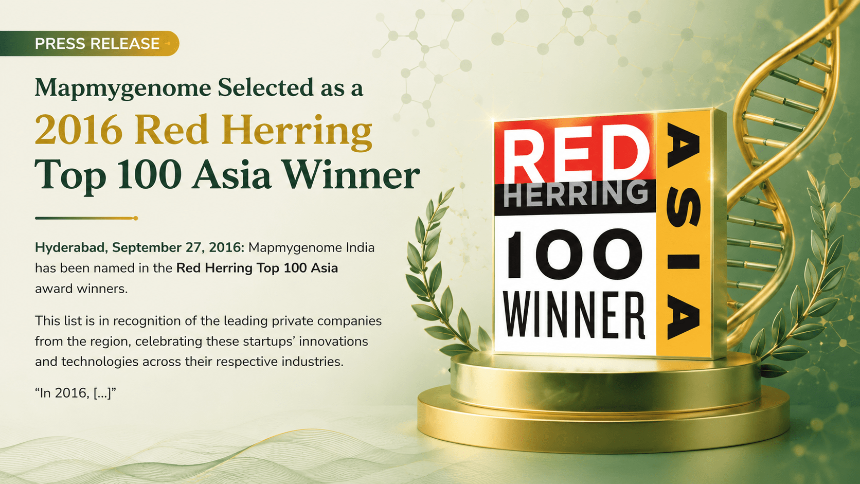 Press Release: Mapmygenome Selected as a 2016 Red Herring Top 100 Asia Winner - Mapmygenome